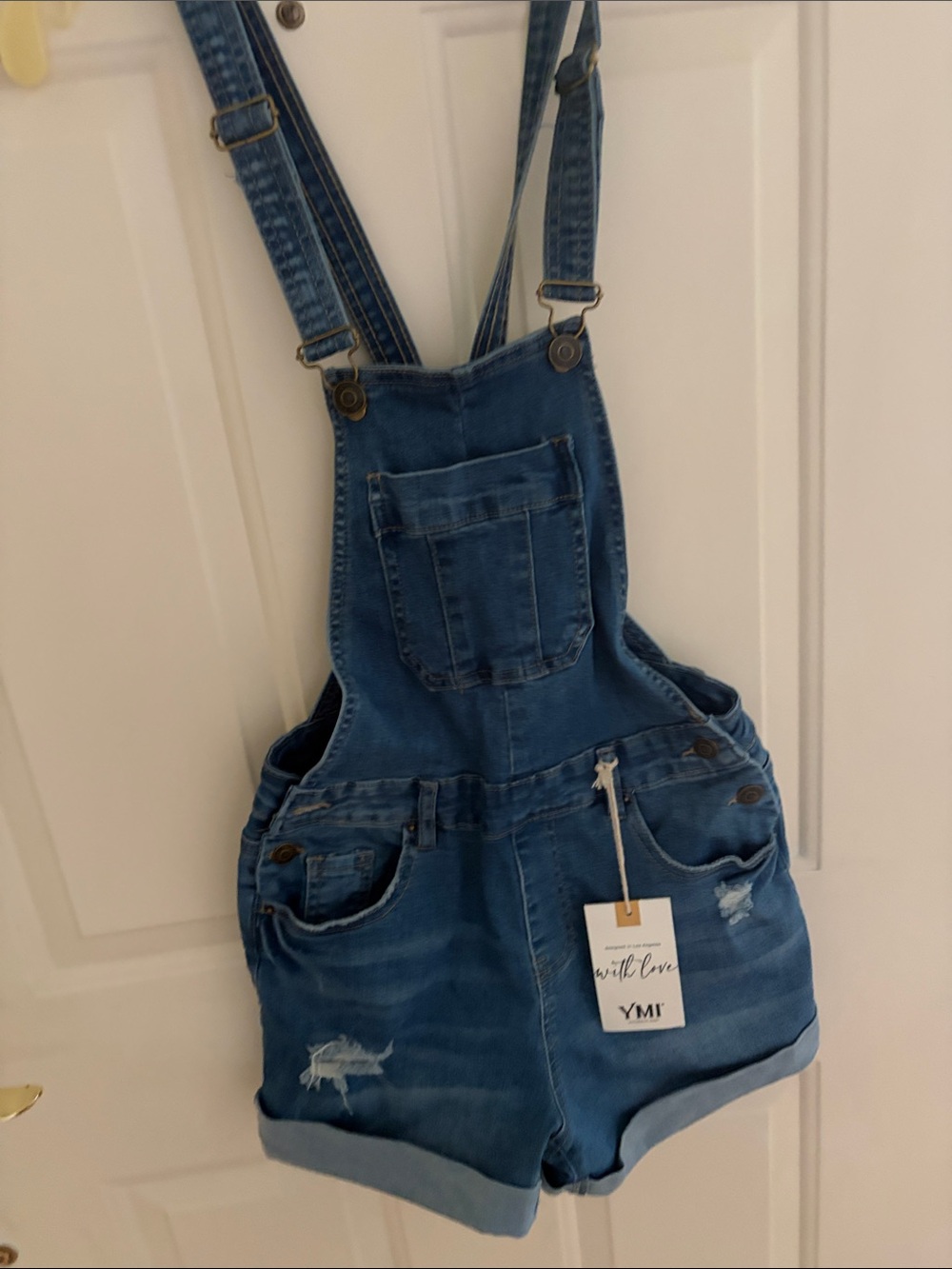 YMI Medium Wash Denim Short Overalls with Rolled Hems